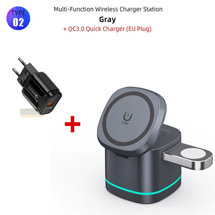 3-in-1 Magnetic Wireless Charger for Apple Devices - 15W Fast Charge