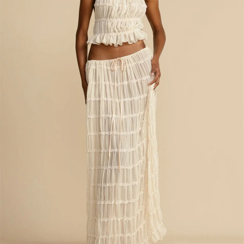 Backless Ruched Beach Set – Halter Top & Long Skirt Two-Piece Outfit