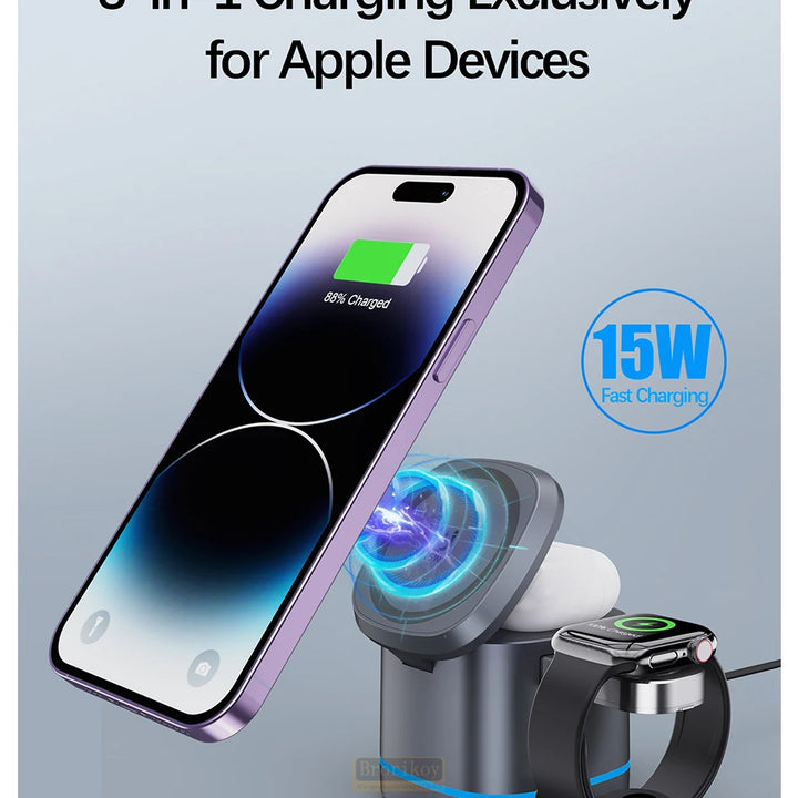 3-in-1 Magnetic Wireless Charger for Apple Devices - 15W Fast Charge